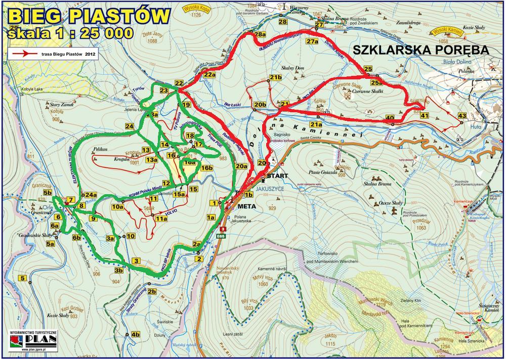 Trasy wyścigów psich zaprzęgów - na czerwono, trasy dla narciarzy - na zielono.