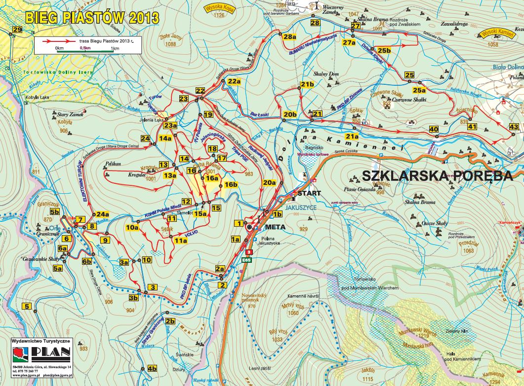 Mapa planowanej trasy 37. Biegu Piastów na dystansie 50 km