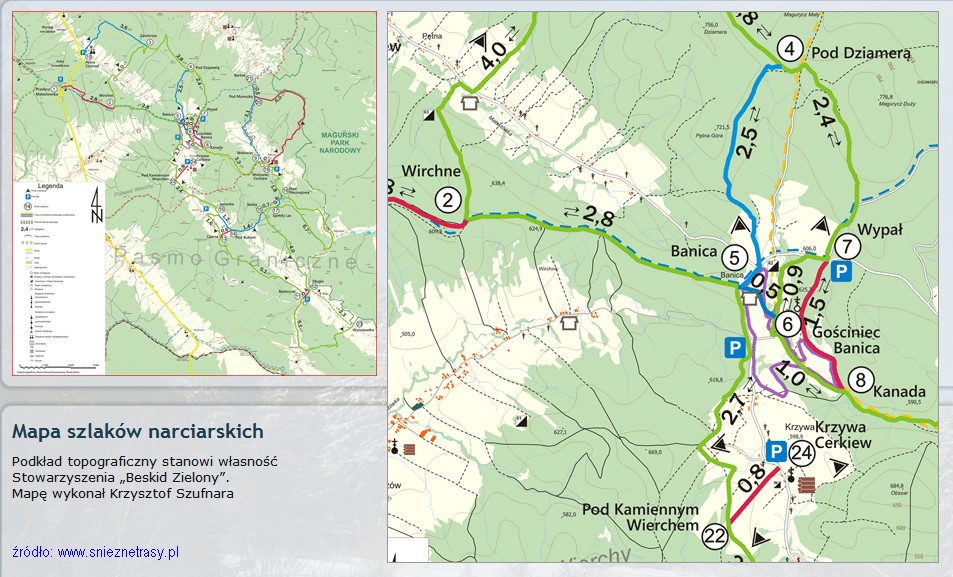 Mapa szlaków narciarskich w Beskidzie Niskim